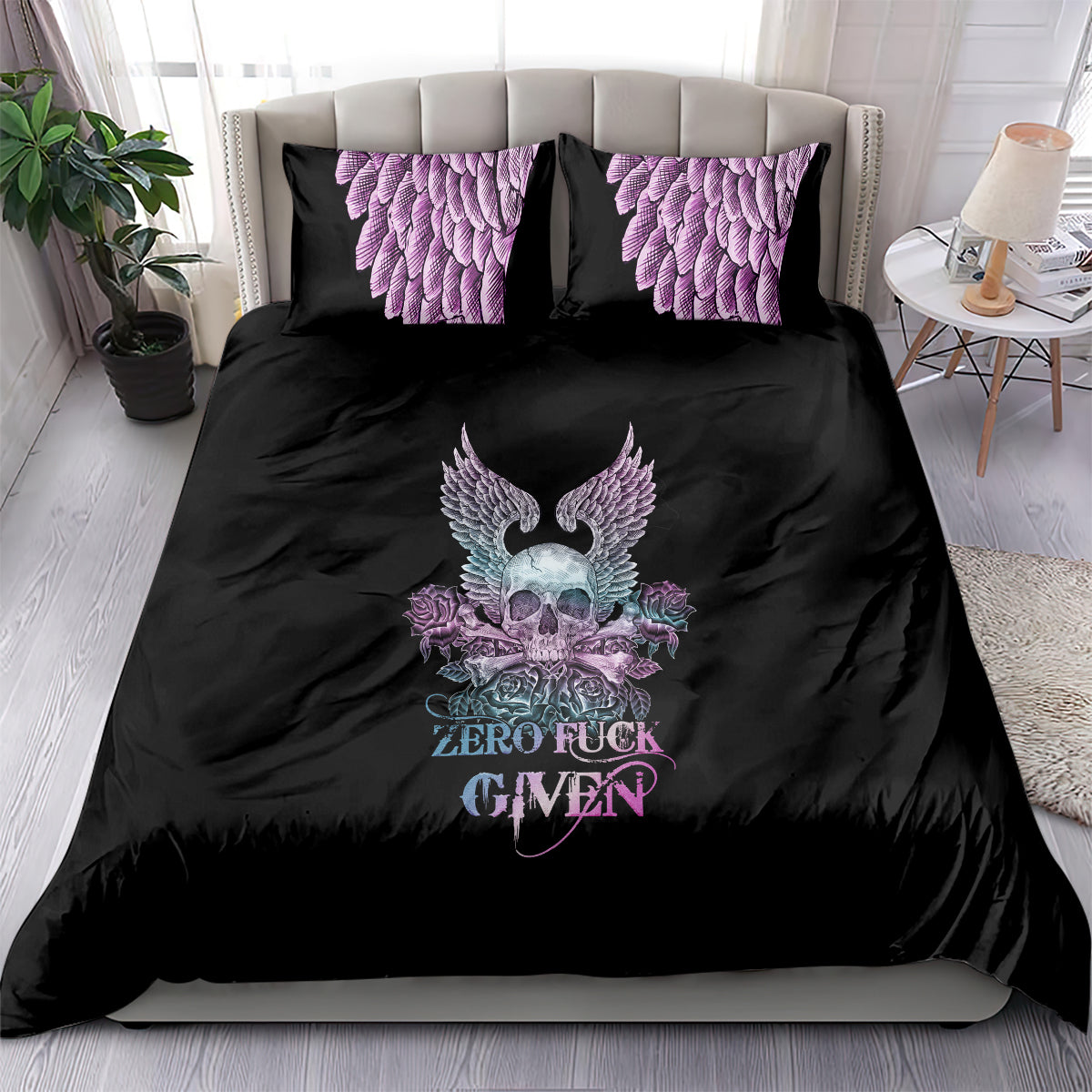 Black bedding set with winged skull, roses, and purple feather pattern pillowcases