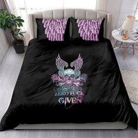 Black bedding set with winged skull, roses, and purple feather pattern pillowcases