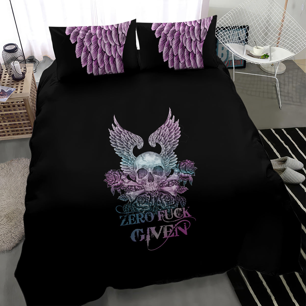 Black bedding set with winged skull, roses, and purple feathered wings on duvet