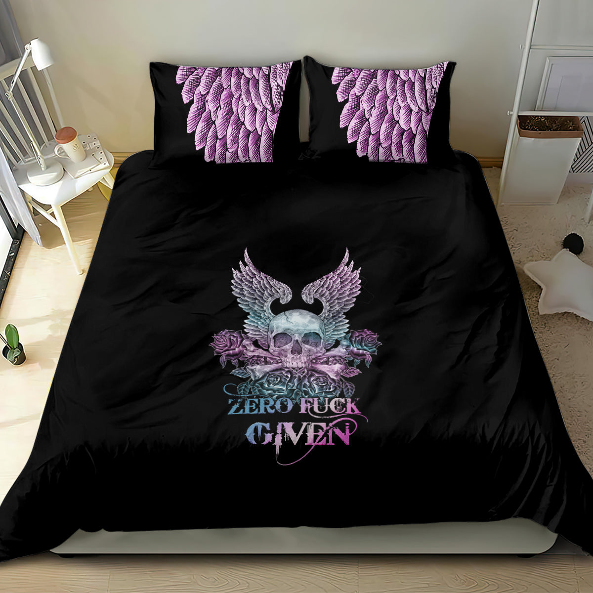 Black bedding set with winged skull and roses design, plus purple decorative pillowcases