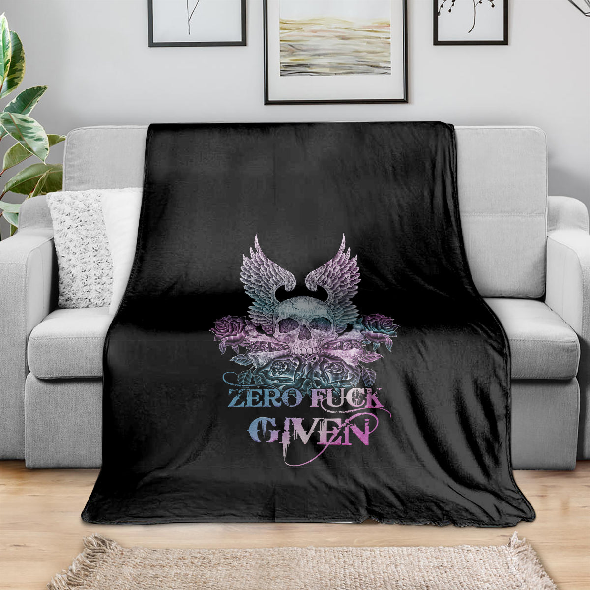 skull-wings-roses-zero-fuck-given-blanket