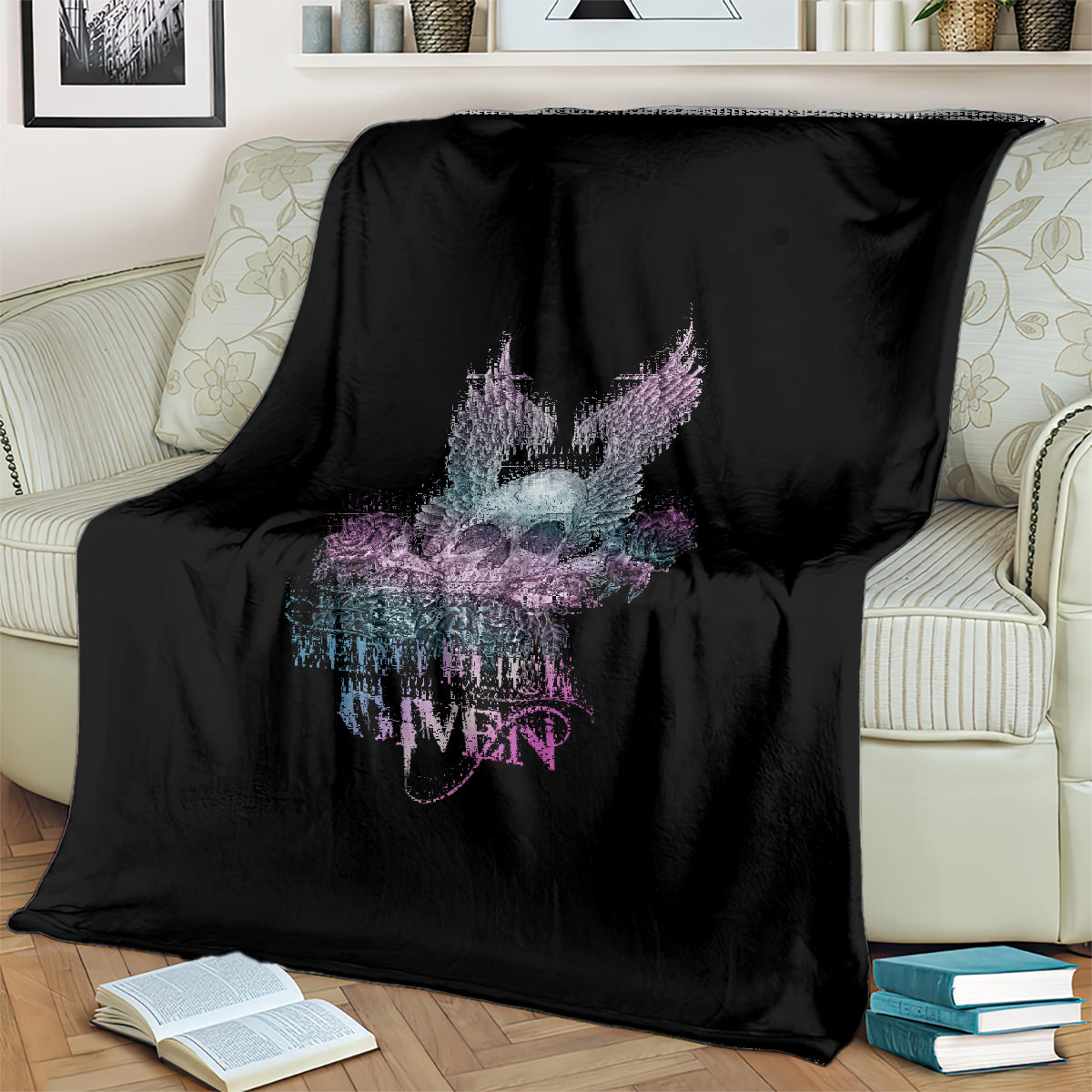 Black skull-and-wings throw blanket with rose detailing and bold text graphic