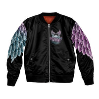 Black bomber jacket with front zipper and skull wings patch, winged sleeves