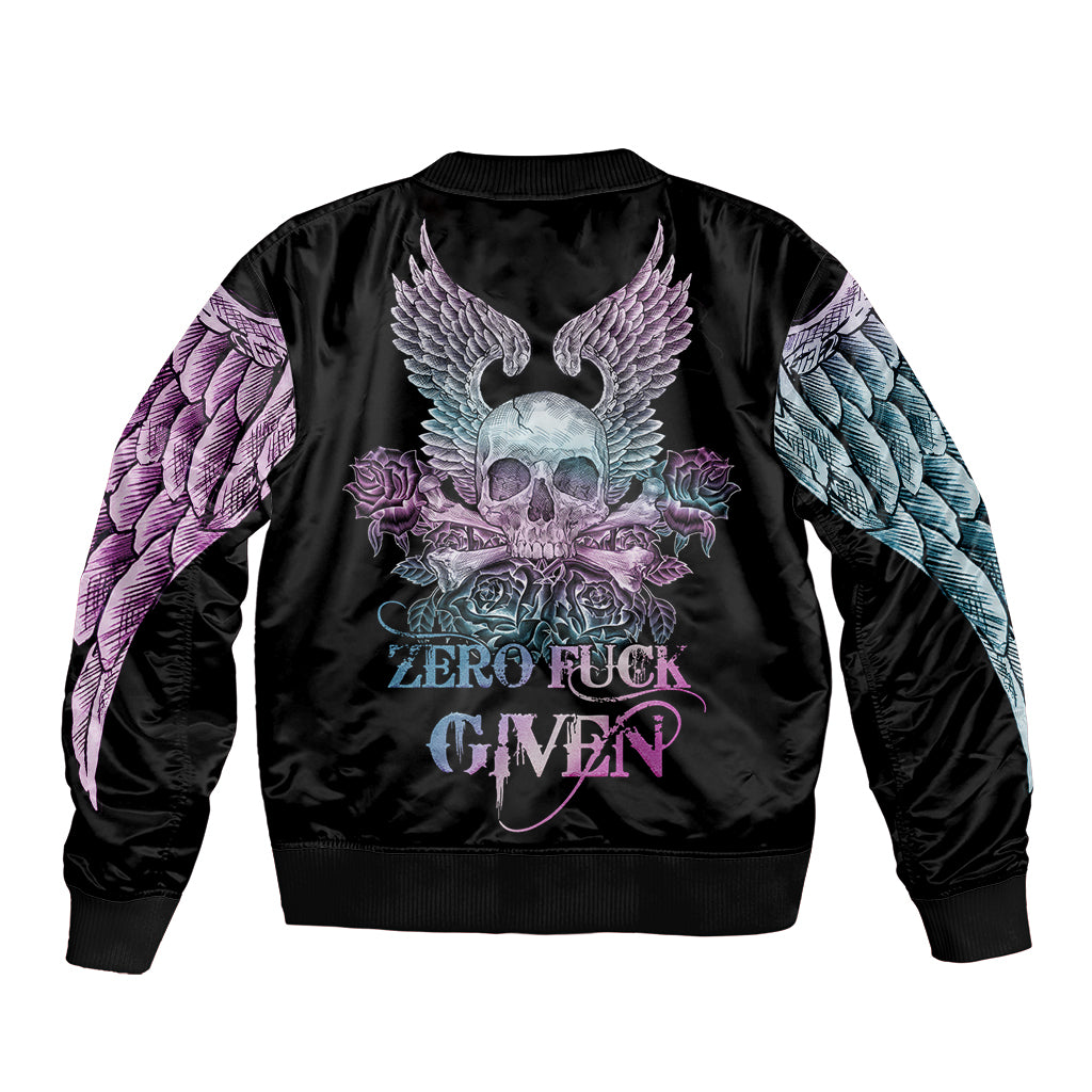 Black bomber jacket with skull, wings, roses graphic and ribbed hem