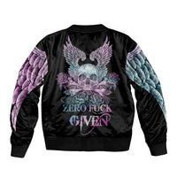 Black bomber jacket with skull, wings, roses graphic and ribbed hem