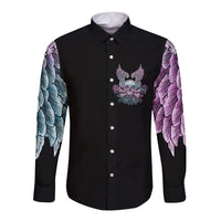 Black long-sleeve button shirt with skull-wing rose print on chest and sleeves