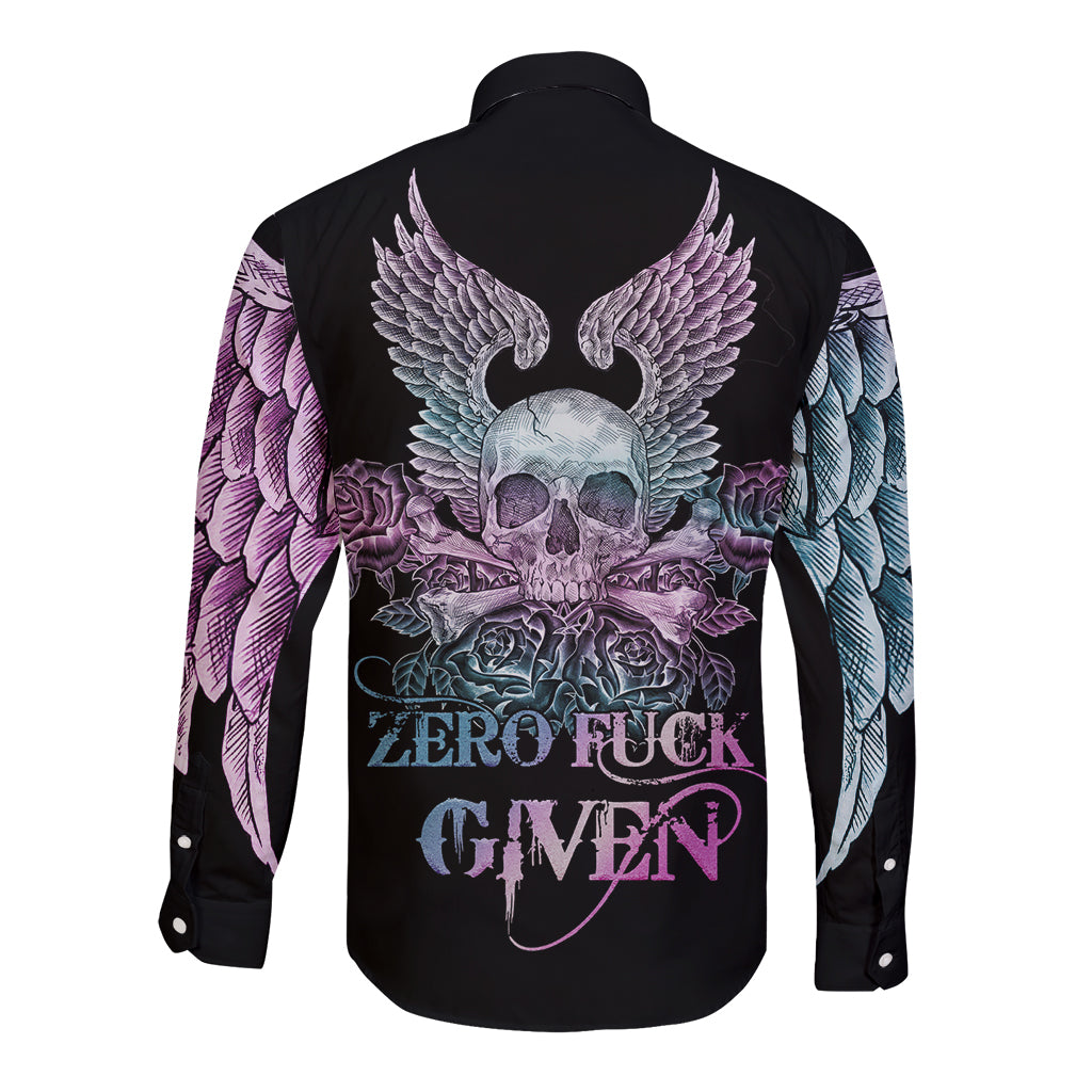 Black long-sleeve button shirt with skull wings and rose graphic on back