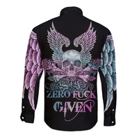 Black long-sleeve button shirt with skull wings and rose graphic on back