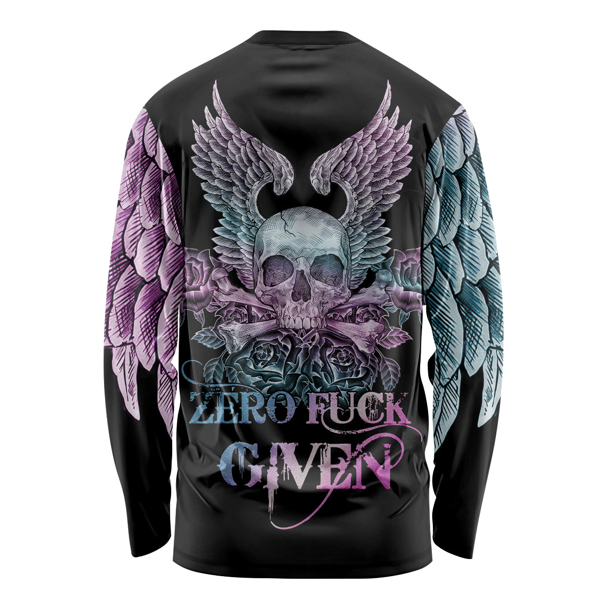 Multicolor long sleeve shirt with skull, angel wings, roses and 'Zero Fuck Given' print