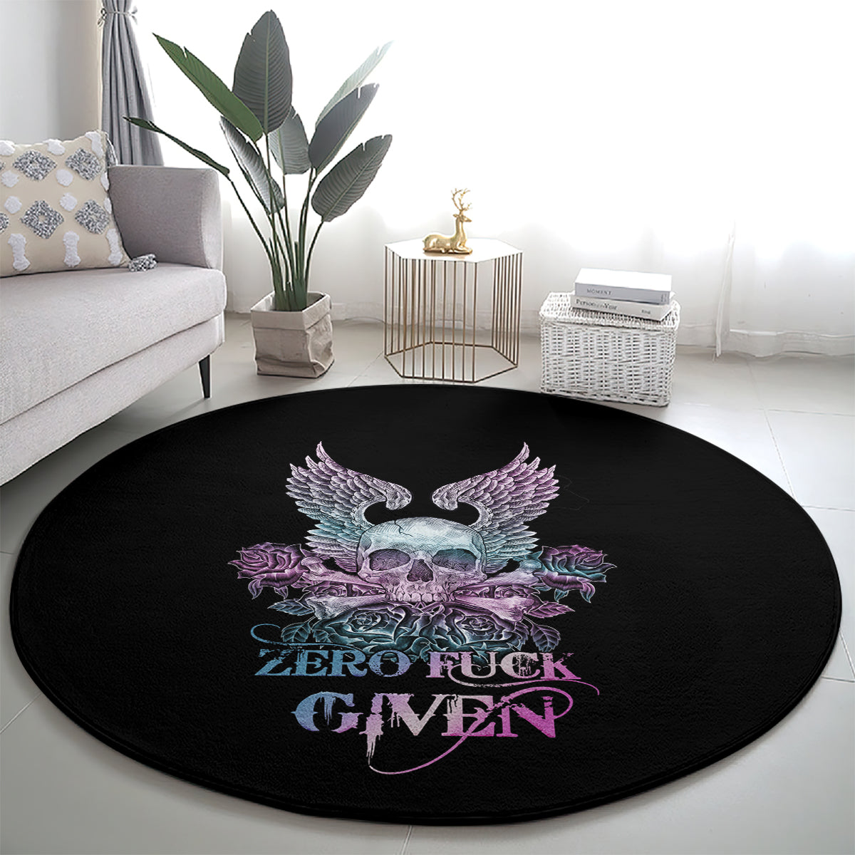 Round black carpet with skull and purple wings over roses and “ZERO FUCK GIVEN”