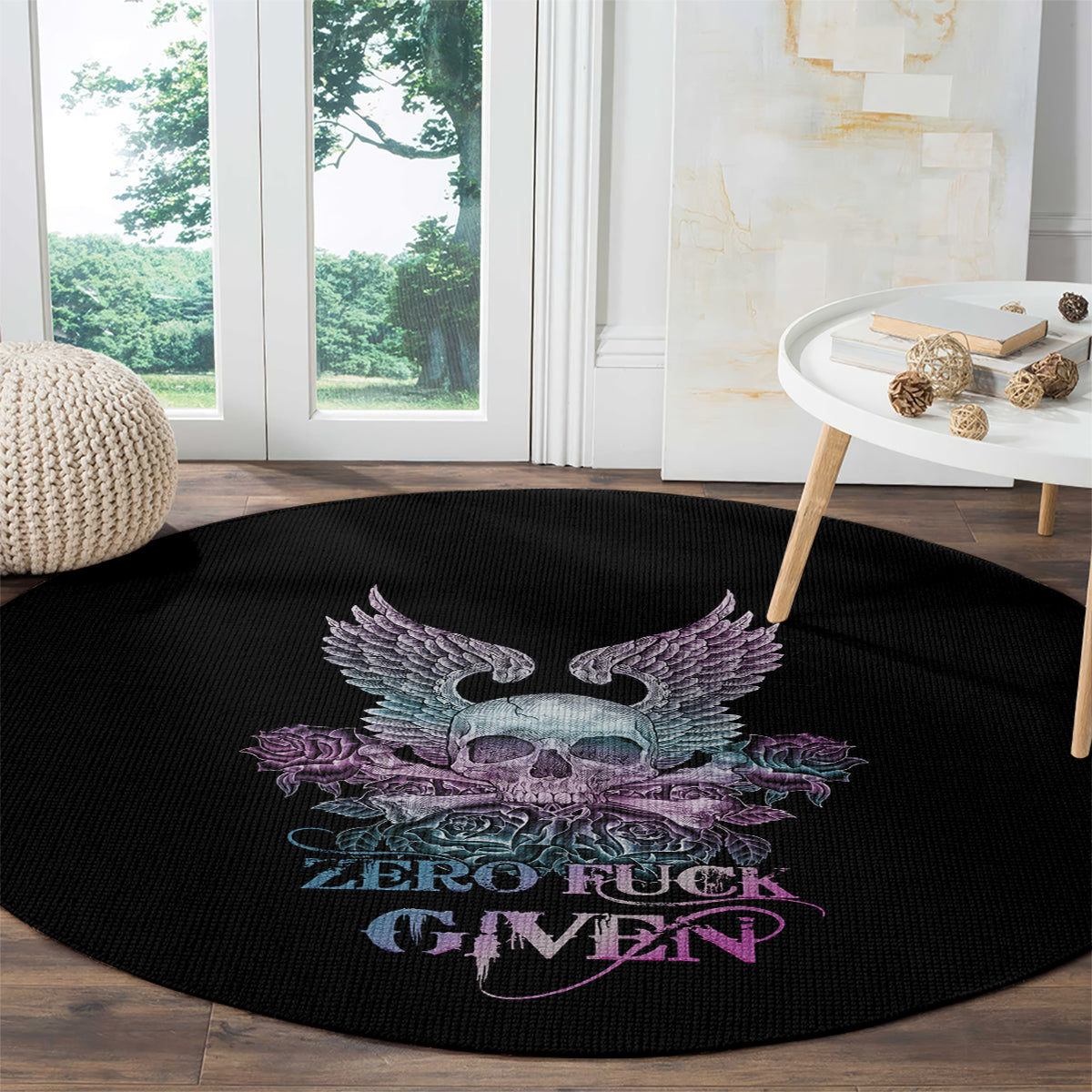 Round black carpet with skull, purple wings, roses, and “ZERO FUCK GIVEN” lettering