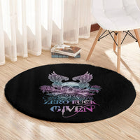 Round black carpet with skull and purple wings, roses design, and “ZERO FUCK GIVEN”