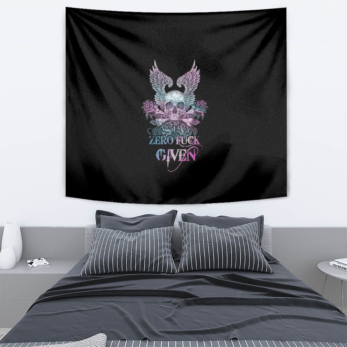 Black wall tapestry with skull, purple wings and roses, and “ZERO FUCK GIVEN” text