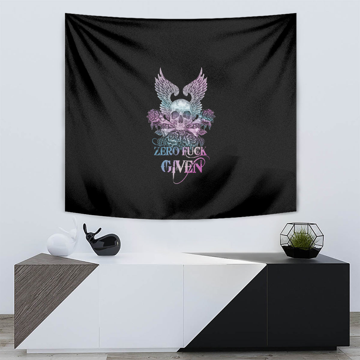 Black tapestry with centered skull graphic, purple wings, roses, and “ZERO FUCK GIVEN” quote