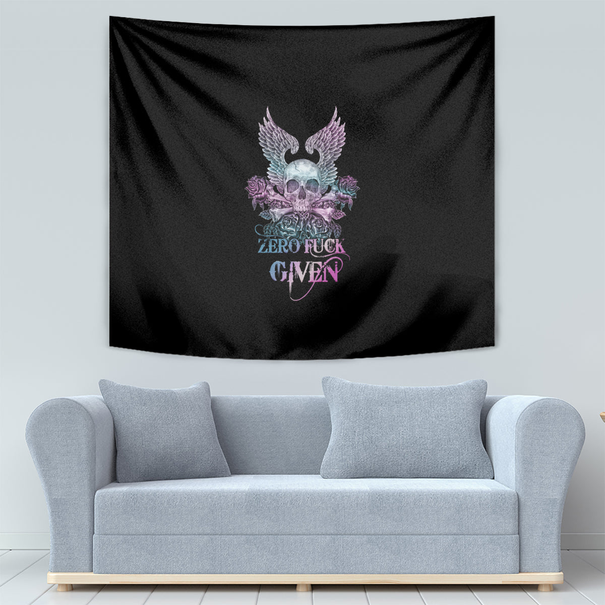 Black wall tapestry with skull and feather wings over roses, with “ZERO FUCK GIVEN” text