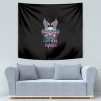 Black wall tapestry with skull and feather wings over roses, with “ZERO FUCK GIVEN” text