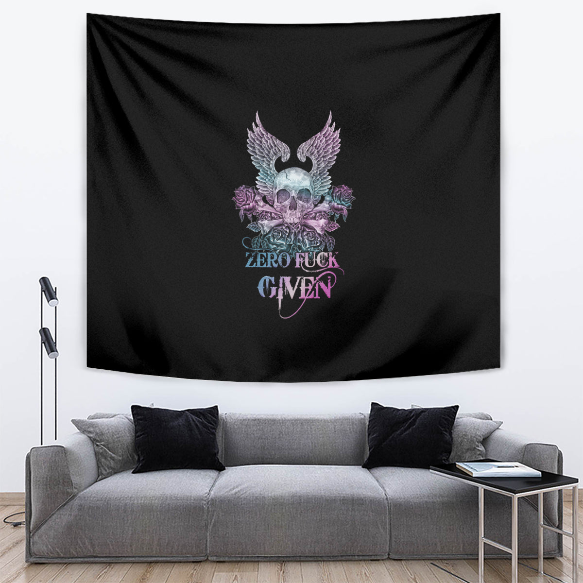 Black tapestry showing skull with wings and roses, with “ZERO FUCK GIVEN” wording