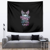 Black tapestry showing skull with wings and roses, with “ZERO FUCK GIVEN” wording