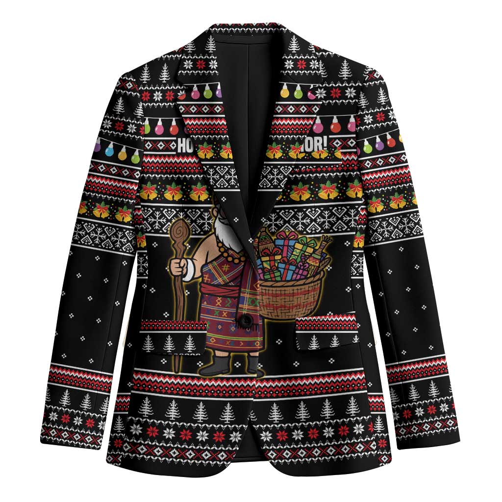 East Timor Christmas Blazer with Santa in Traditional Robe Gift Basket Ho Ho Ho Text and Black Festive - Wonder Print Shop