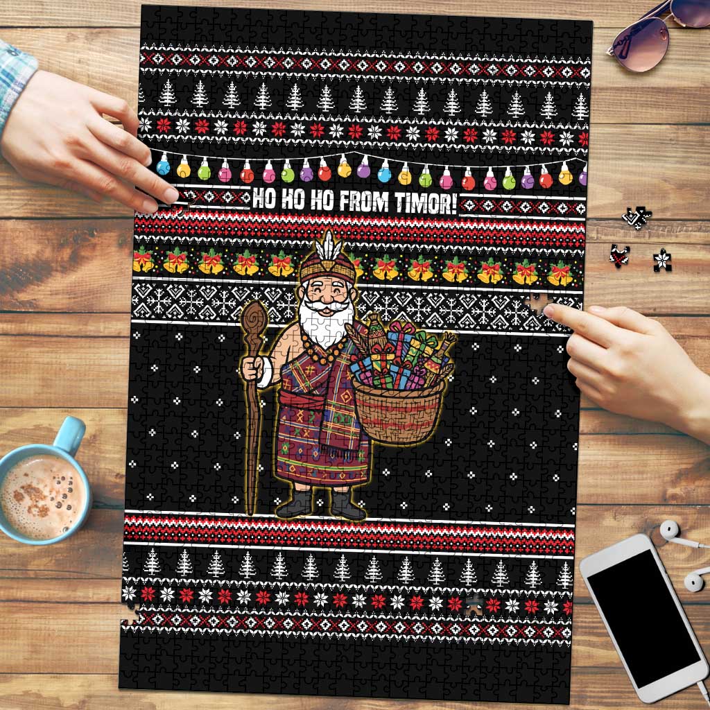 East Timor Christmas Puzzle with Santa in Traditional Robe Gift Basket Ho Ho Ho Text and Black Festive - Wonder Print Shop