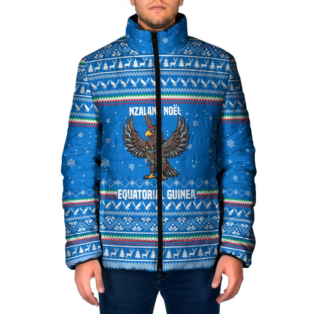 Equatorial Guinea Christmas Padded Jacket with Nzalang Noel Eagle Flag Snowflakes and Blue Holiday - Wonder Print Shop