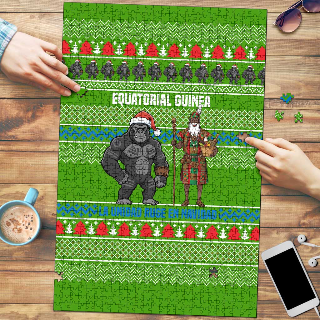 Equatorial Guinea Christmas Puzzle with Santa Gorilla Gift Basket and Green Holiday Pattern Design - Wonder Print Shop