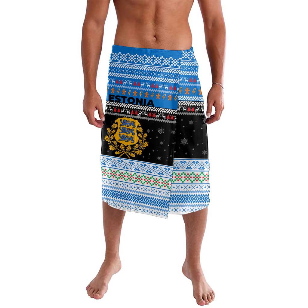 Estonia Christmas Lavalava with Reindeer Gingerbread Snowflakes National Emblem and Winter Forest - Wonder Print Shop