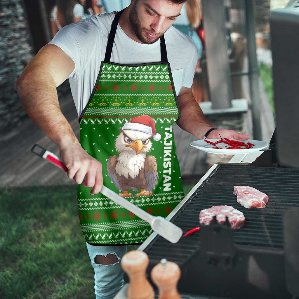Tajikistan Christmas Apron with Santa Hat Eagle Green Snowflake Pattern and Holiday Design - Wonder Print Shop