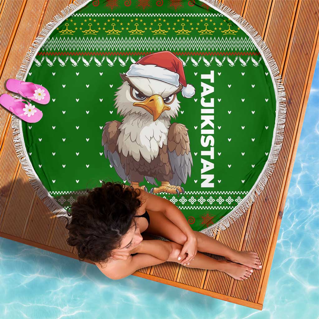 Tajikistan Christmas Beach Blanket with Santa Hat Eagle Green Snowflake Pattern and Holiday Design - Wonder Print Shop