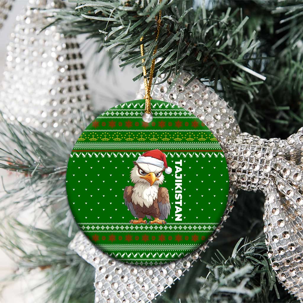 Tajikistan Christmas Ceramic Ornament with Santa Hat Eagle Green Snowflake Pattern and Holiday Design - Wonder Print Shop