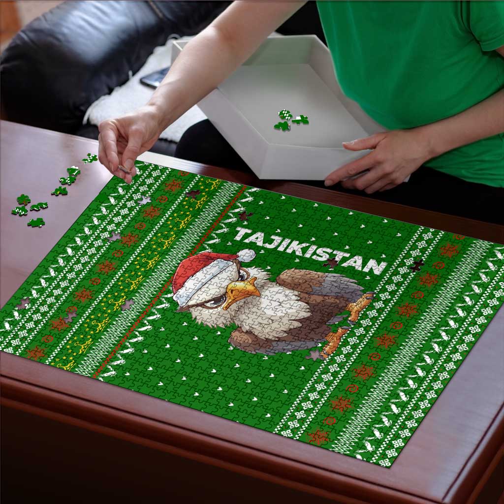 Tajikistan Christmas Puzzle with Santa Hat Eagle Green Snowflake Pattern and Holiday Design - Wonder Print Shop