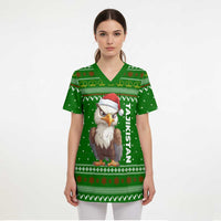 Tajikistan Christmas Scrub Top with Santa Hat Eagle Green Snowflake Pattern and Holiday Design - Wonder Print Shop