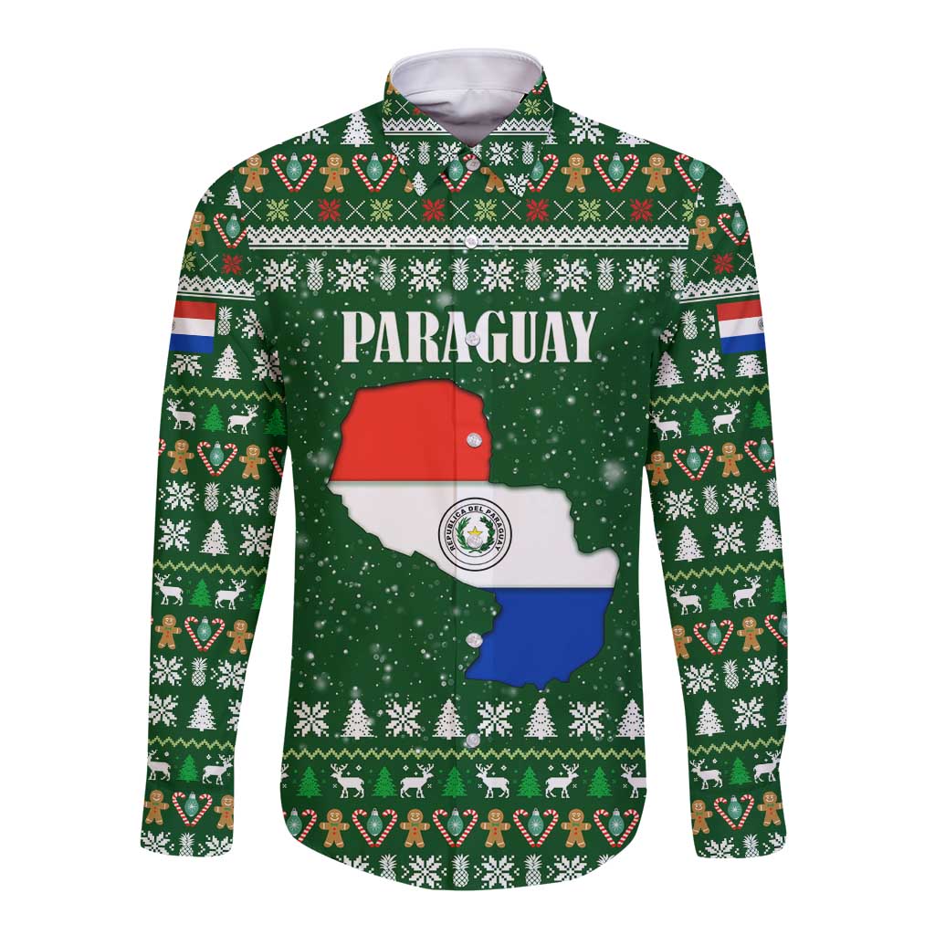 Paraguay Christmas Long Sleeve Button Shirt with Green Festive Pattern, Map and Flag Motif, and Santa Illustration - Wonder Print Shop