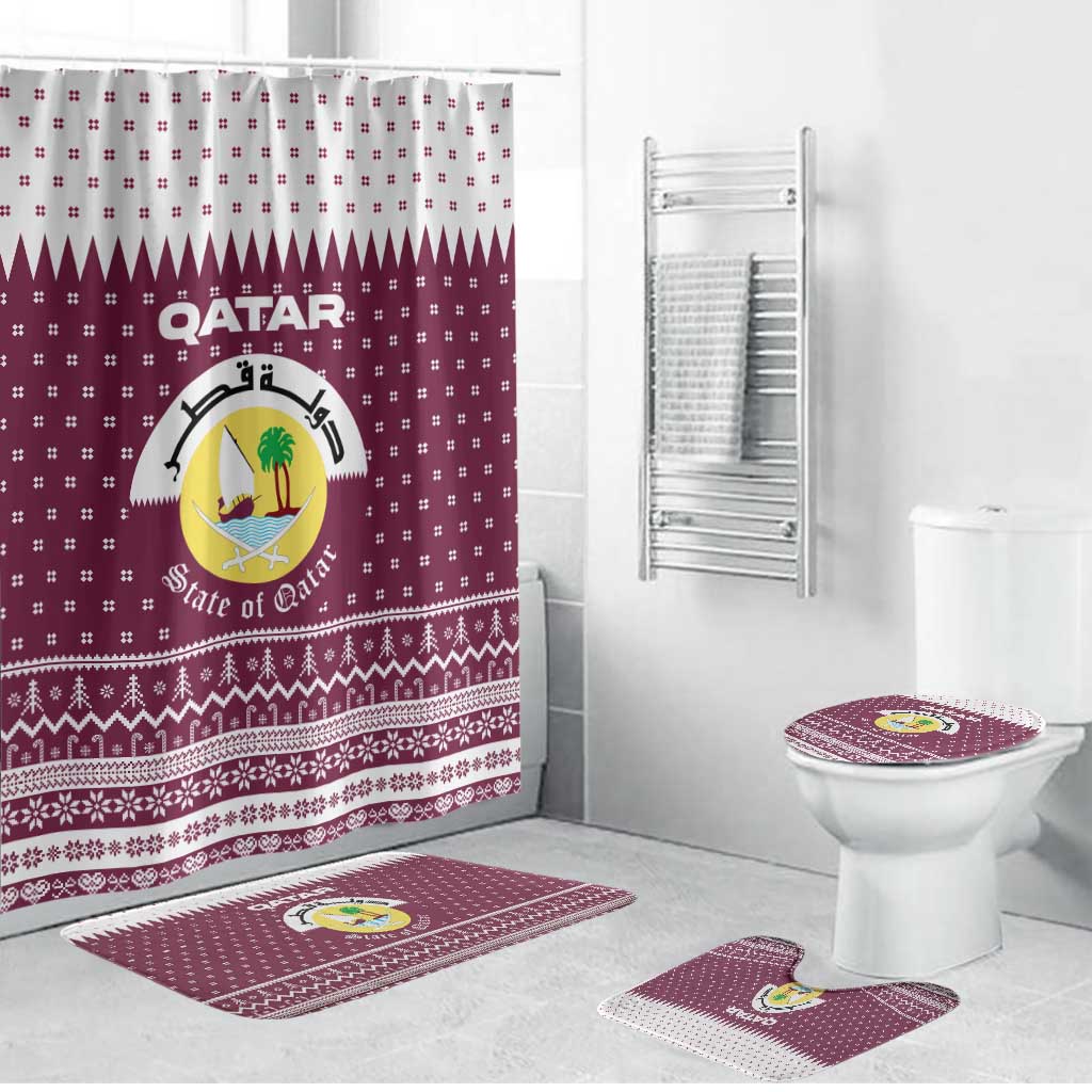 Qatar Christmas Bathroom Set with Maroon-White Design, National Emblem, and Camel Motif - Wonder Print Shop