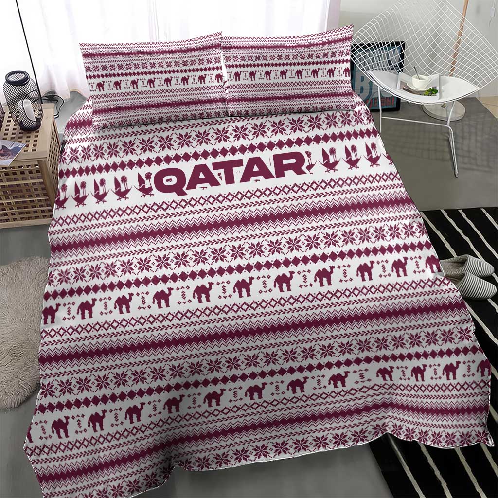 Qatar Christmas Bedding Set with Maroon-White Pattern, National Emblem, and Camel Motif - Wonder Print Shop