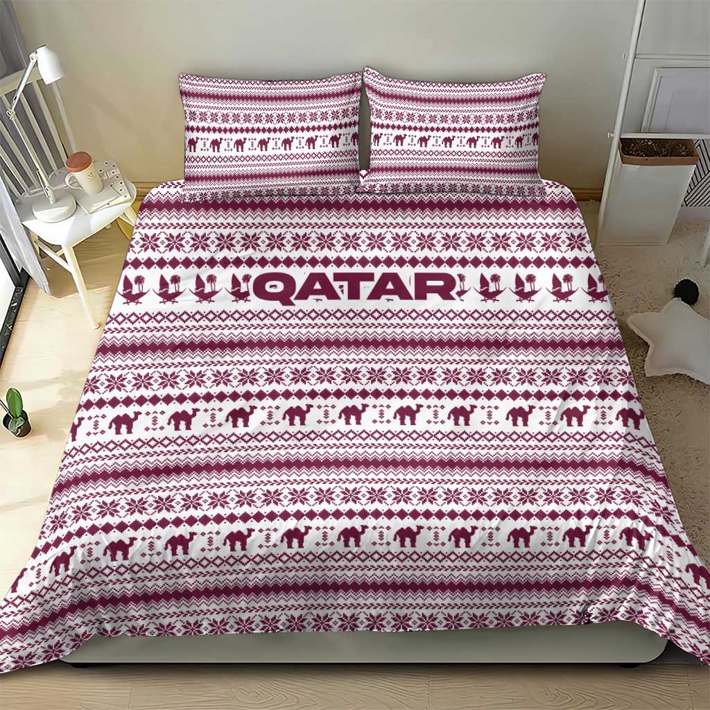 Qatar Christmas Bedding Set with Maroon-White Pattern, National Emblem, and Camel Motif - Wonder Print Shop
