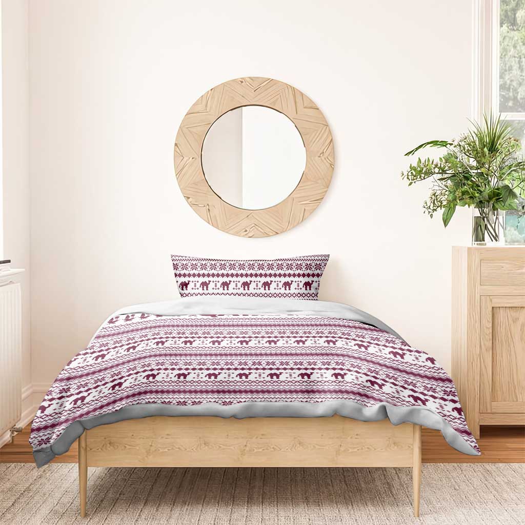 Qatar Christmas Bedding Set with Maroon-White Pattern, National Emblem, and Camel Motif - Wonder Print Shop