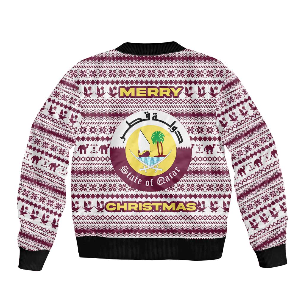 Qatar Christmas Bomber Jacket with Maroon-White Pattern, National Emblem, and Camel Motif - Wonder Print Shop