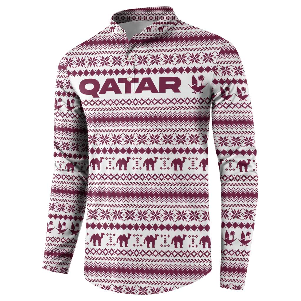 Qatar Christmas Button Sweatshirt with Maroon-White Pattern, National Emblem, and Camel Motif - Wonder Print Shop