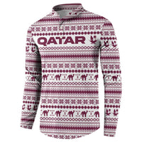 Qatar Christmas Button Sweatshirt with Maroon-White Pattern, National Emblem, and Camel Motif - Wonder Print Shop