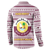 Qatar Christmas Button Sweatshirt with Maroon-White Pattern, National Emblem, and Camel Motif - Wonder Print Shop