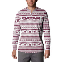 Qatar Christmas Button Sweatshirt with Maroon-White Pattern, National Emblem, and Camel Motif - Wonder Print Shop