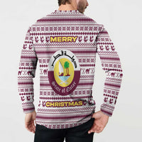 Qatar Christmas Button Sweatshirt with Maroon-White Pattern, National Emblem, and Camel Motif - Wonder Print Shop