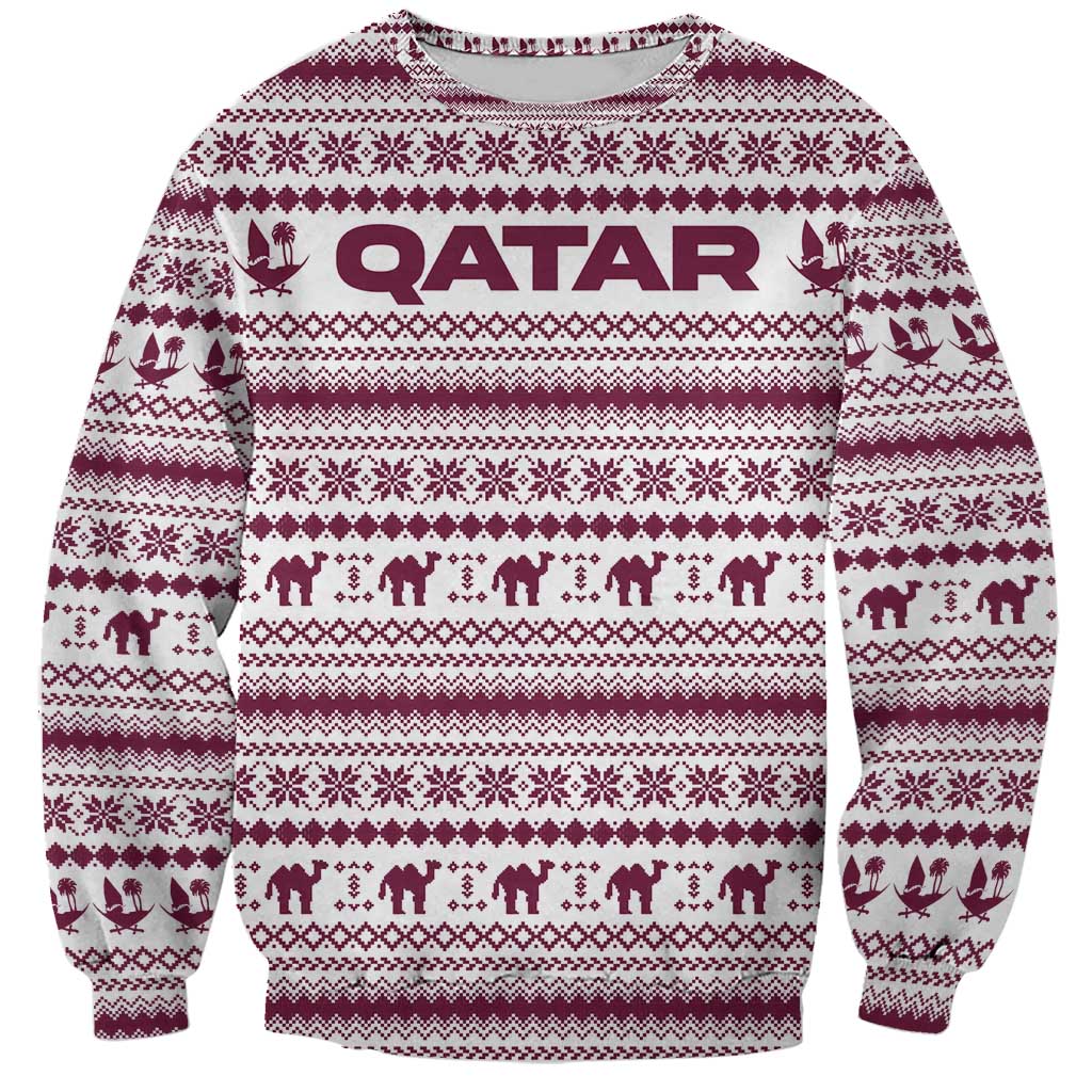 Qatar Christmas Sweatshirt with Maroon-White Pattern, National Emblem, and Camel Motif - Wonder Print Shop