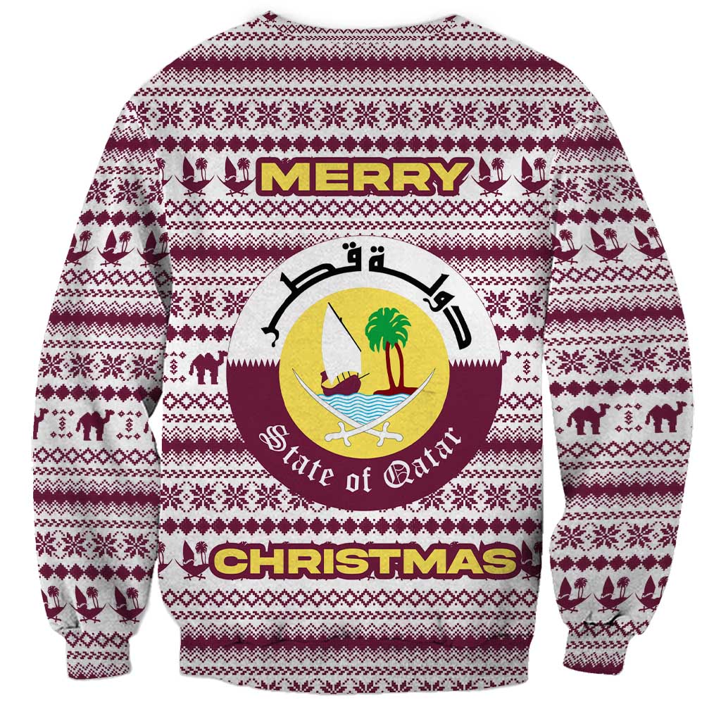 Qatar Christmas Sweatshirt with Maroon-White Pattern, National Emblem, and Camel Motif - Wonder Print Shop