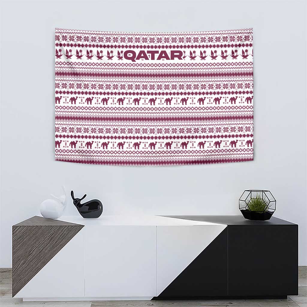 Qatar Christmas Tapestry with Maroon-White Pattern, National Emblem, and Camel Motif - Wonder Print Shop