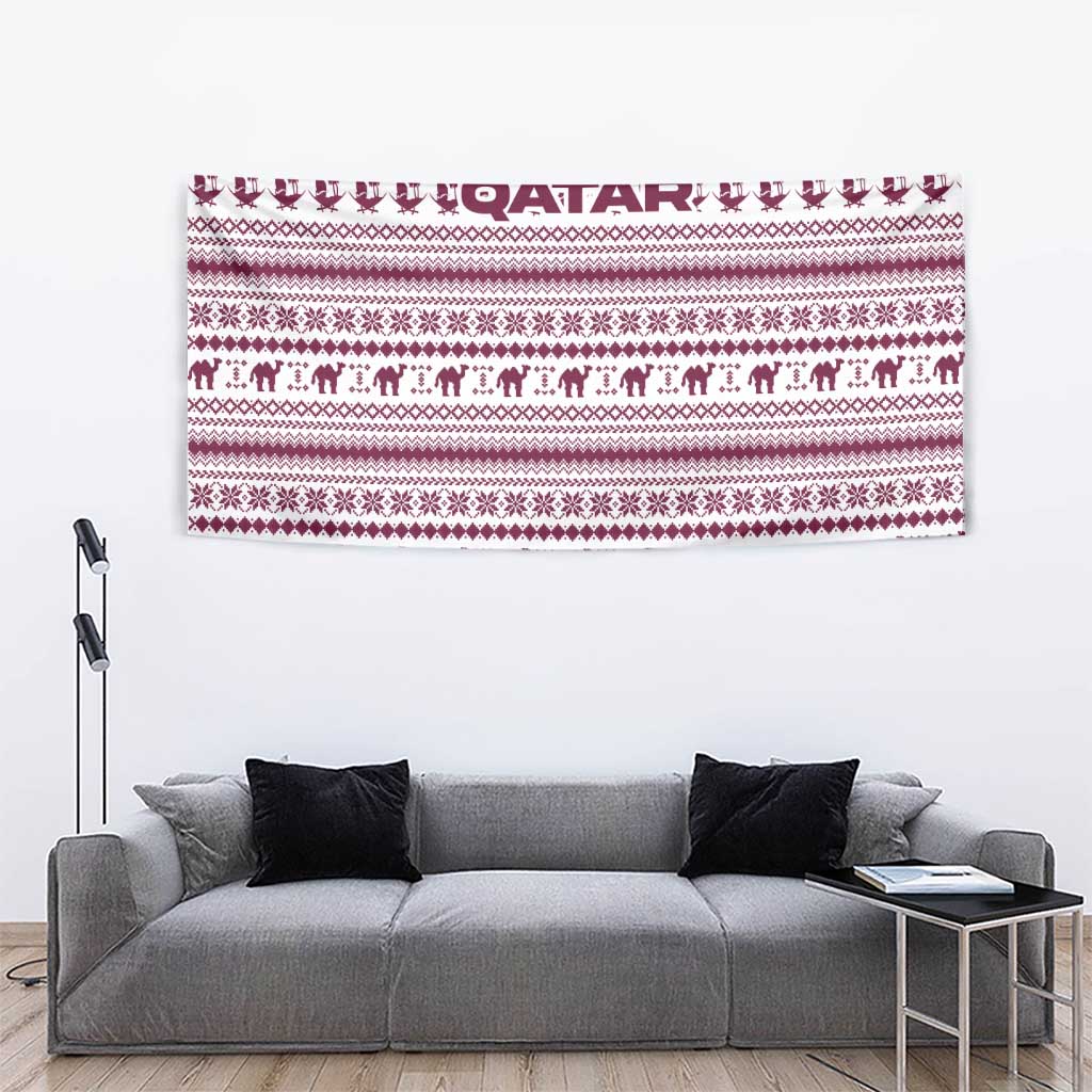 Qatar Christmas Tapestry with Maroon-White Pattern, National Emblem, and Camel Motif - Wonder Print Shop