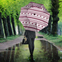 Qatar Christmas Umbrella with Maroon-White Pattern, National Emblem, and Camel Motif - Wonder Print Shop