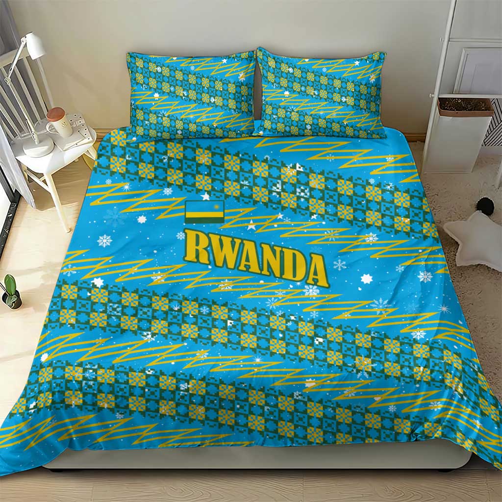 Rwanda Christmas Bedding Set with Blue-Yellow Pattern, Festive Geometric Motifs, and Bold Typography - Wonder Print Shop