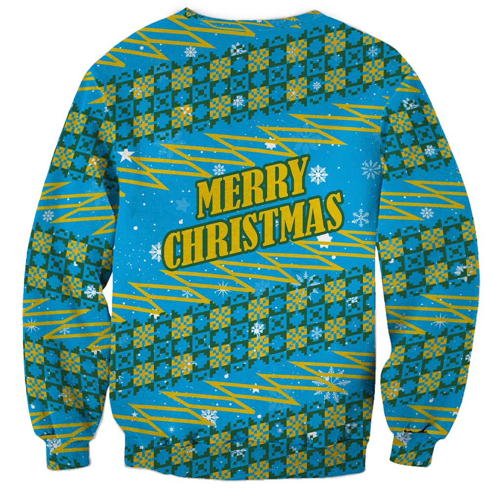 Rwanda Christmas Sweatshirt with Blue-Yellow Pattern, Festive Geometric Motifs, and Bold Typography - Wonder Print Shop